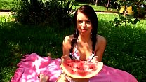 Sweet Kiki likes watermelon and playing her pussy