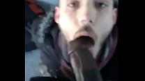 White guy sucking a big fat black cock outside