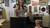 Babe wearing glasses railed by pawn man in his pawnshop