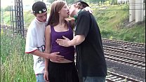 Cum on face of cute blonde teen Alexis Crystal in public sex gang bang orgy