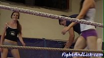 Skinny lesbians wrestling in a boxing ring