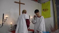 Skinny twink and his lover friend get naughty in the church