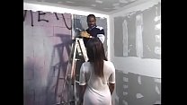 Ebony enceinte lady  Amber Kelly  persuaded construction worker doing interior works to polish her pussy with his massive tools