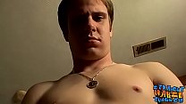 Young straight guy is tugging his hairy cock and cums
