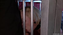 Locked blonde in cage throat pounded