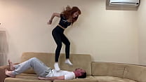 Evil Princess Kira Full Weight Trampling Including Jumps on Slave's Belly and Sweaty Socks Humiliation Femdom (Preview)