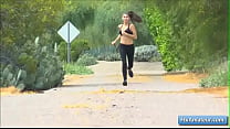 Sexy natural big tit amateur brunette goes for a jog and plays with her big tits in public