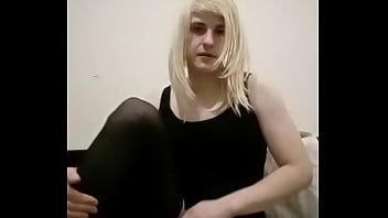 Blond sissy rides big dildo passionately, masturbates and cums