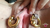 nippleringlover horny playing with pierced pussy rubbing clit extreme pierced nipples close up