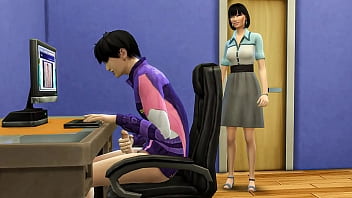 Madrastra japonesa pilla a su hijastro masturbándose frente a la computadora viendo videos porno y luego lo ayuda a tener sexo con ella por primera vez - Madrastra coreana