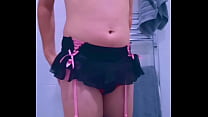 Big beautiful sissy ass wearing black skirt and pink suspenders. Huge dick small cumshot