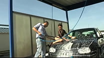 Hot brunette babe gets slippery ass fucking at car wash
