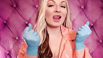 blue nitrile gloves and pink PVC fetish coat - sexy curvy MILF Arya Grander - ASMR free clip