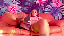 horny girl in nylon fucks wet pussy with huge purple dildo
