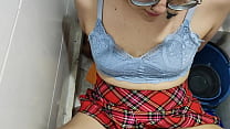 Cute girl in a miniskirt is secretly fucked on top of the laundry room