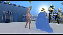 This girl does not mind being in her underwear on her terrace making a snowman