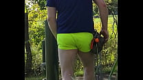 dripping cumshot through shorts walking in the public park