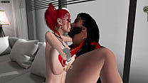 Uomo nero scopa giovane donna bianca dai capelli rossi